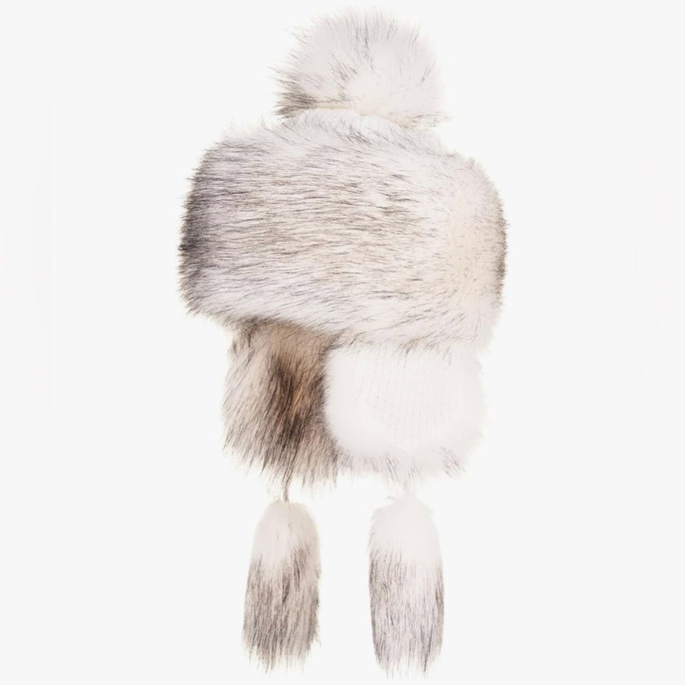 NWT Futrzane Classic Ear Flaps Hat Faux Fur Trapper Hat White & Black Small